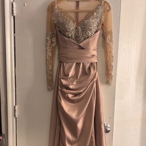 Gold Ruched Embellished Long Sleeve Gown